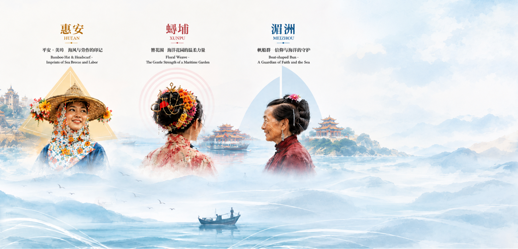 惠安女、蟳埔女、湄洲女与福建沿海水彩风景